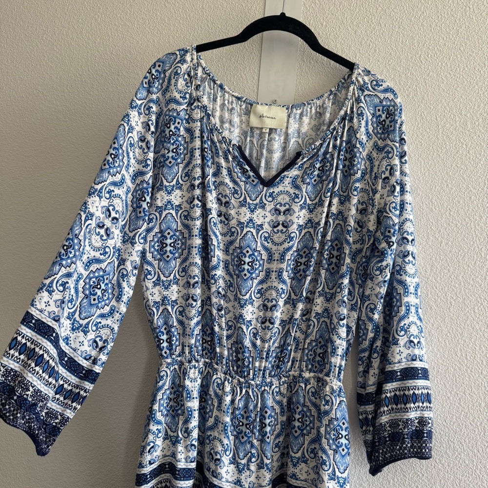 Athropologie Elevenses Basia Romper Long Sleeve V Neck Boho Blue Coastal Resort - Picture 5 of 13